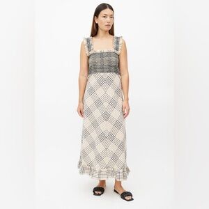 Ganni 
Women's Natural Checked Shirred-bodice Seersucker Midi Dress
